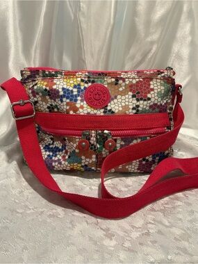 Kipling Mosaic Multi-Color Crossbody with Bright Pink Strap